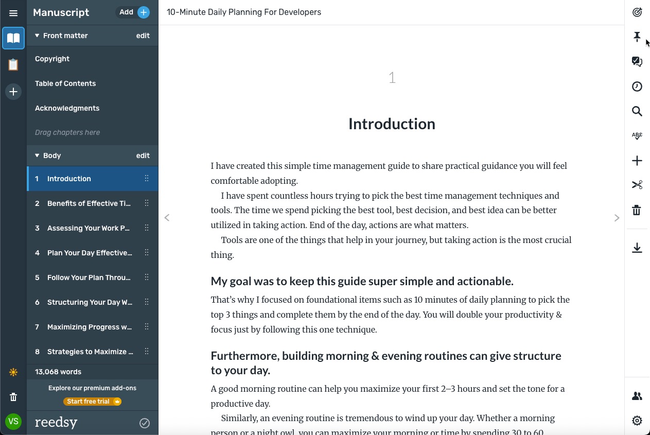 Reedsy book writing interface with chapter organization