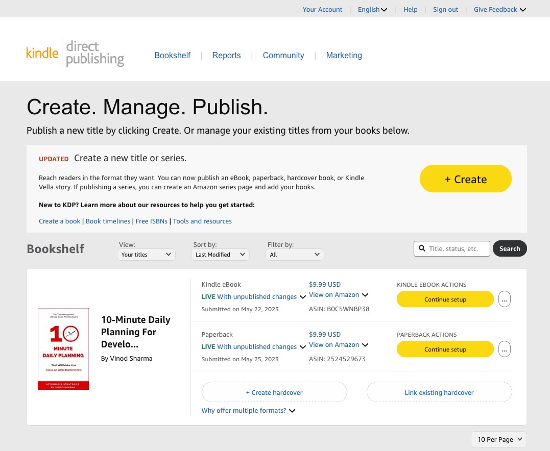 Amazon KDP dashboard for self-publishing setup